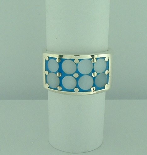 Sterling Silver Mother of Pearl Blue Enamel Ring-0