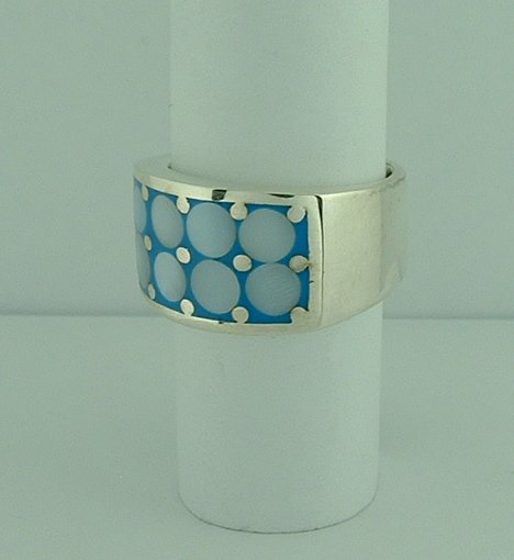 Sterling Silver Mother of Pearl Blue Enamel Ring-144