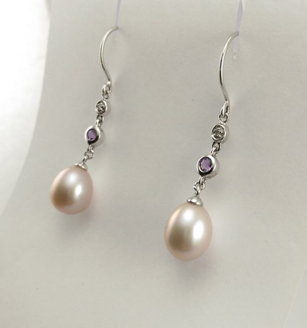 9ct White Gold, Freshwater Pearl,Amethyst and Diamond Earrings-743