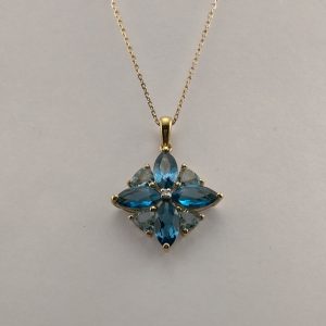 9ct Yellow Gold, Blue Topaz ,Diamond Pendant and chain-0