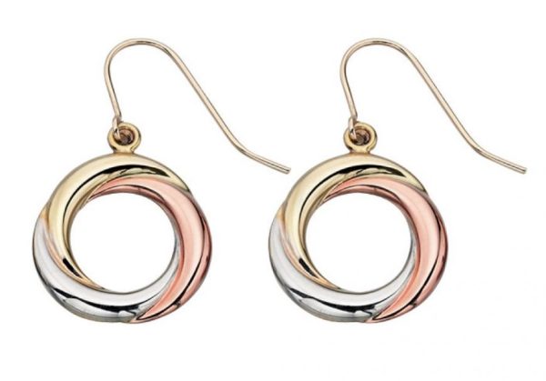 9ct Overlapping circle Earrings ,Red White and Yellow finish-939