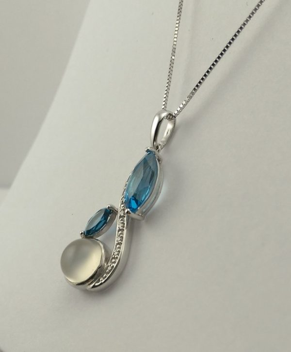 9ct White Gold Blue Topaz Diamond and Moonstone Pendant -852