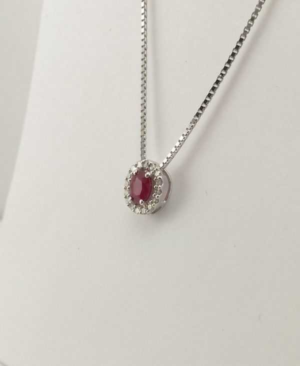 9ct White Gold Ruby and Diamond Cluster Pendant and Chain-856