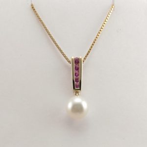 9ct Ruby and Cultured Pearl Pendant on Venetian Box style chain-0