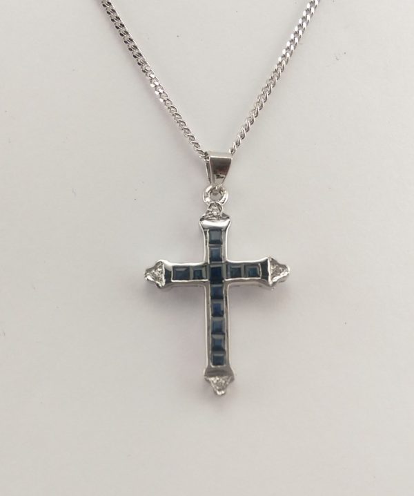 9ct White Gold Sapphire and Diamond Cross and Chain-0