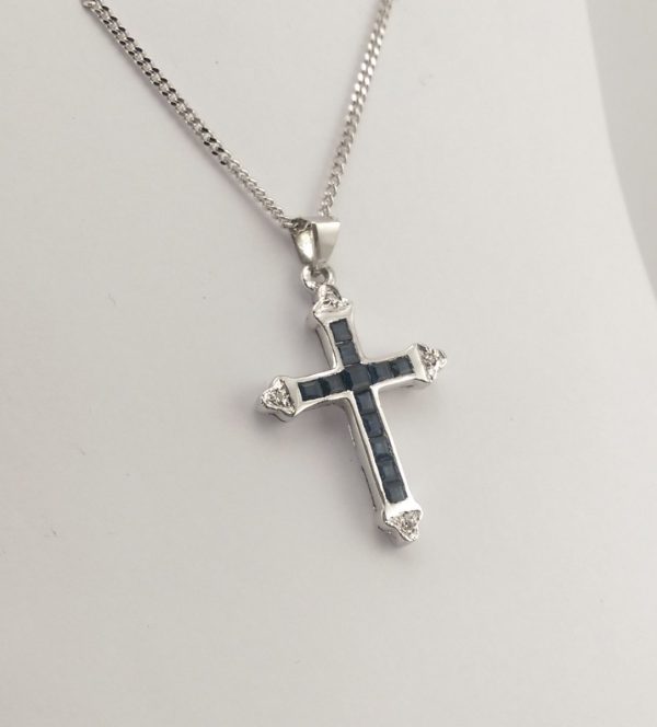 9ct White Gold Sapphire and Diamond Cross and Chain-905