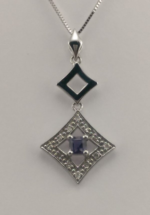 9ct White Gold Iolite and Diamond Pendant and Chain-907