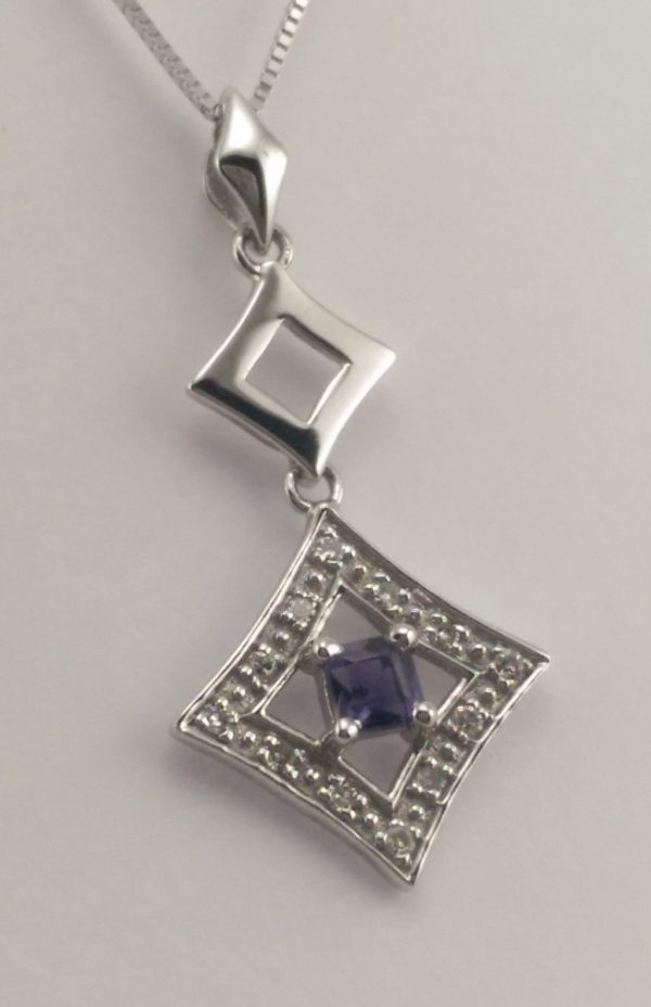 9ct White Gold Iolite and Diamond Pendant and Chain-908