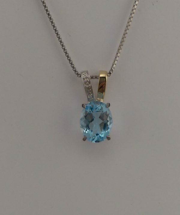 9ct White and Yellow Gold Blue Topaz and Diamond pendant and chain-910
