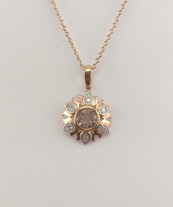 9ct Rose Gold Morganite and Diamond Pendant and Chain-936