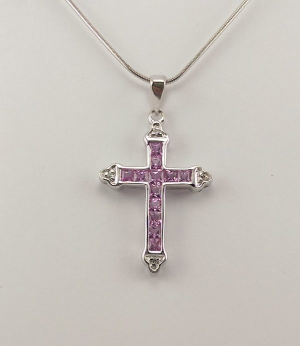 9ct White Gold Pink Sapphire and Diamond Cross and Chain-0