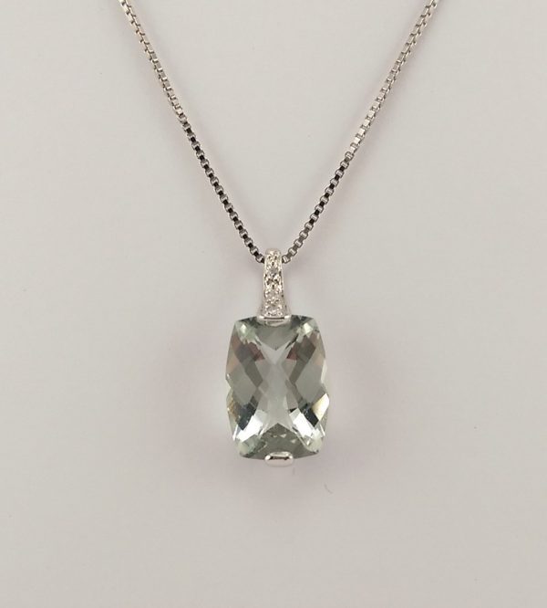 9ct White Gold Green Amethyst and Diamond Pendant on Chain-0