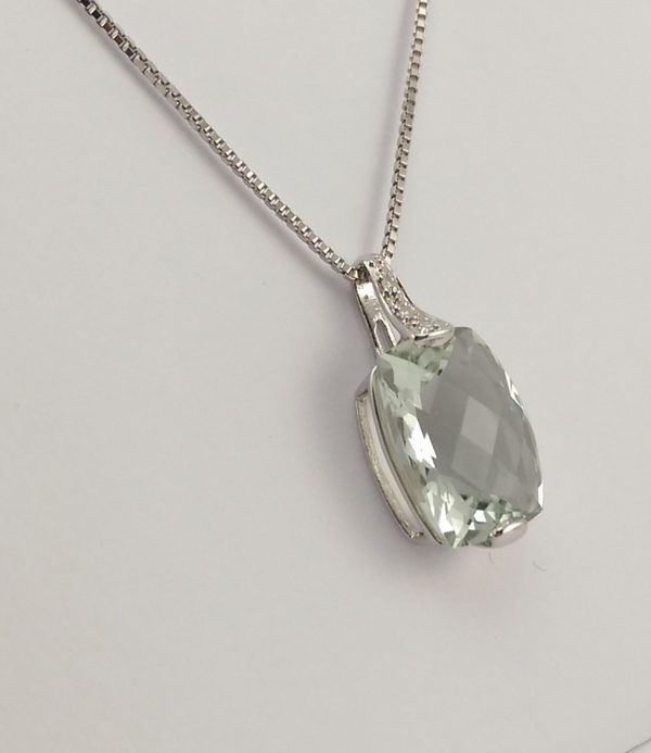 9ct White Gold Green Amethyst and Diamond Pendant on Chain-1075