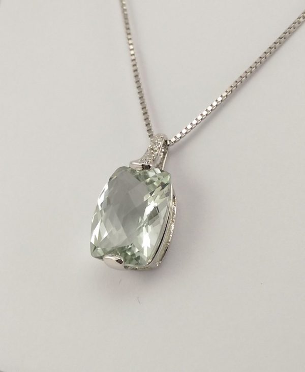 9ct White Gold Green Amethyst and Diamond Pendant on Chain-1076