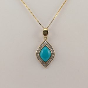 9ct Yellow Gold Turquoise and Diamond Pendant on Chain-0