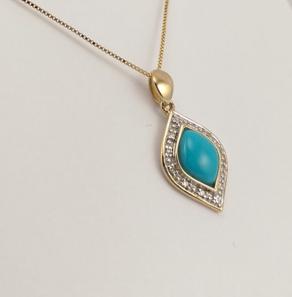 9ct Yellow Gold Turquoise and Diamond Pendant on Chain-1078