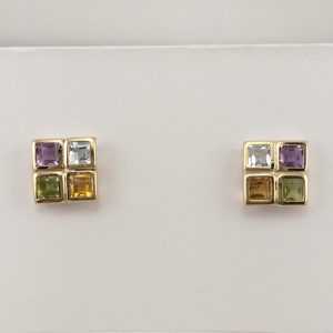 9ct Yellow Gold Amethyst, Peridot, Blue Topaz, and Citrine Earrings-0