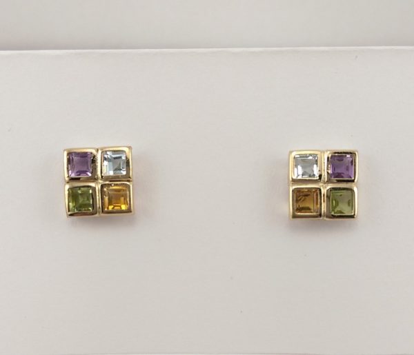 9ct Yellow Gold Amethyst, Peridot, Blue Topaz, and Citrine Earrings-0