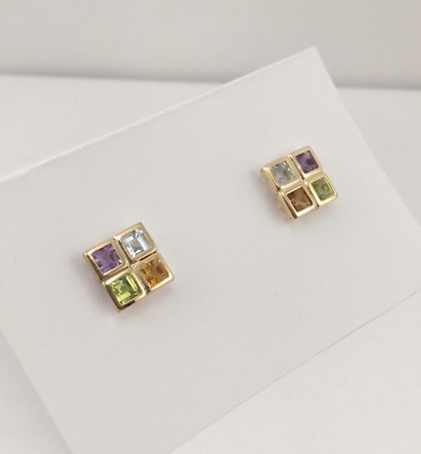 9ct Yellow Gold Amethyst, Peridot, Blue Topaz, and Citrine Earrings-1096