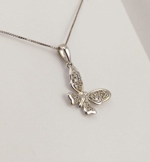 9ct White Gold and Diamond Butterfly Pendant on fine Venetian box chain-1129