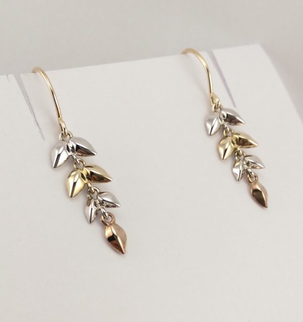 9ct Red White and Yellow Gold Flexible Leaf Drop Earrings -1135