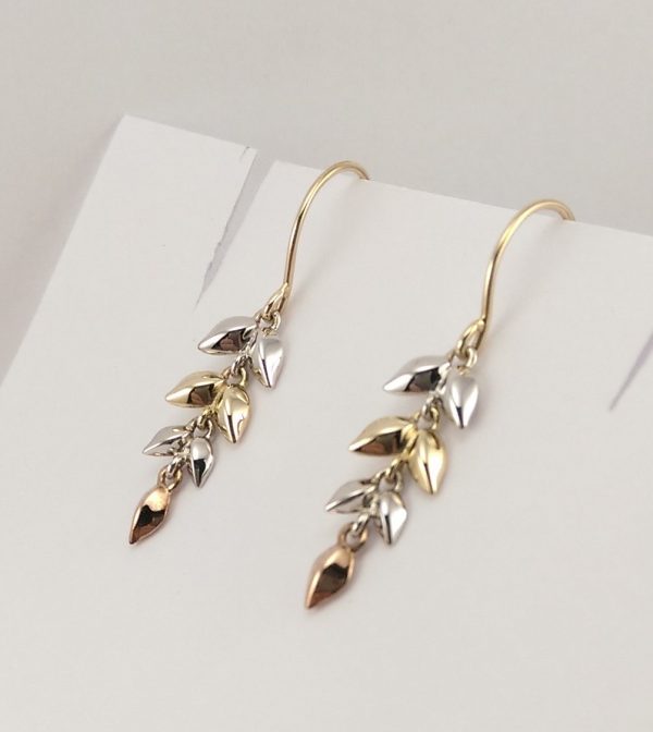 9ct Red White and Yellow Gold Flexible Leaf Drop Earrings -1136