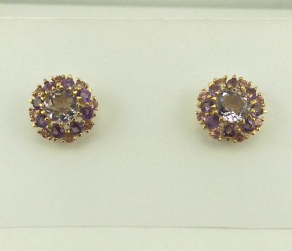 9ct Yellow Gold Amethyst and Pink Tourmaline Cluster Earrings-1141