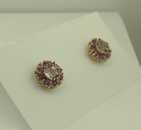 9ct Yellow Gold Amethyst and Pink Tourmaline Cluster Earrings-1142