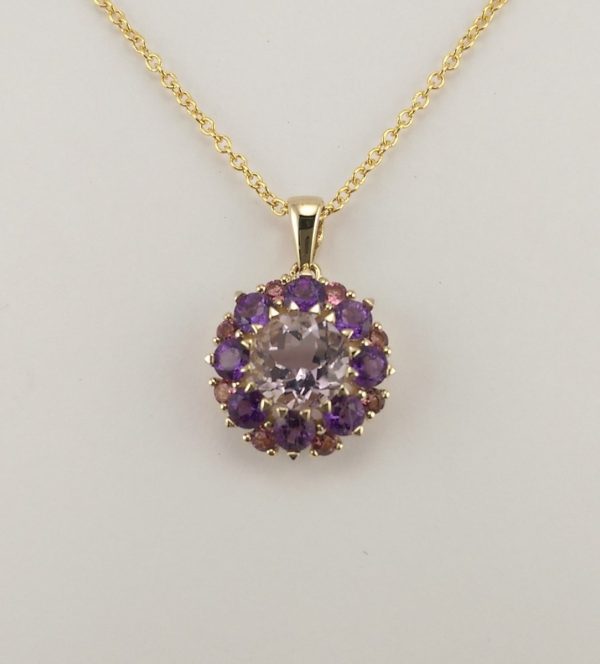 9ct Yellow Gold Amethyst and Pink Tourmaline Cluster Pendant and Trace Chain-0