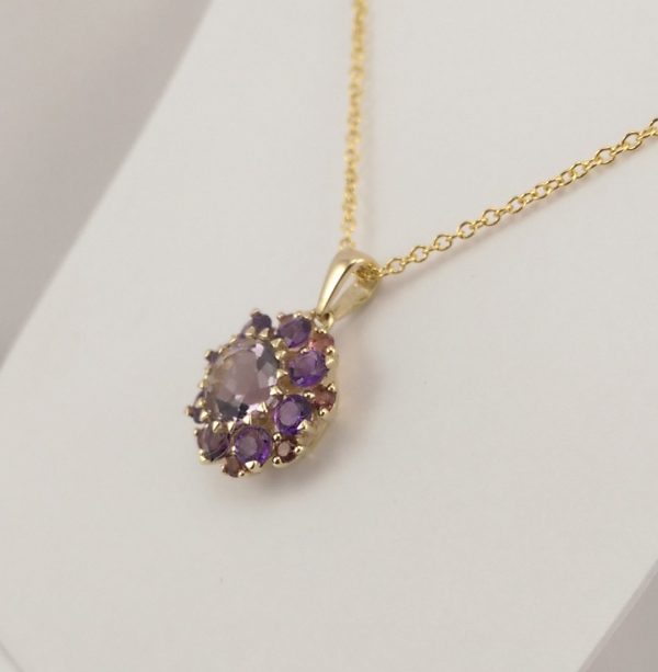9ct Yellow Gold Amethyst and Pink Tourmaline Cluster Pendant and Trace Chain-1145
