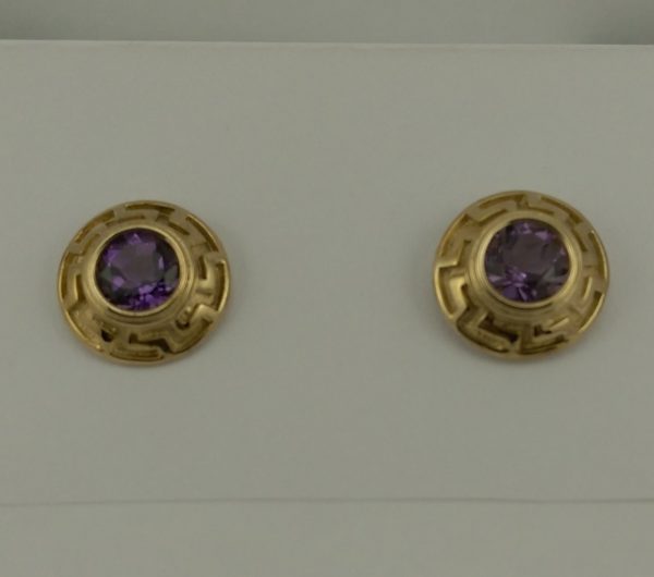 9ct Yellow Gold Amethyst Greek Key Design Stud Earrings-0