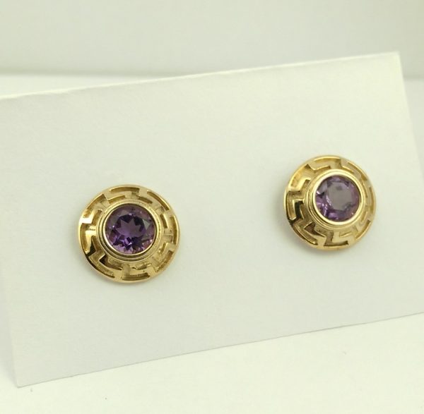 9ct Yellow Gold Amethyst Greek Key Design Stud Earrings-1148