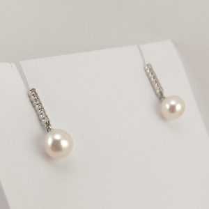 9ct White Gold Diamond Bar and Freshwater Pearl Earrings -0