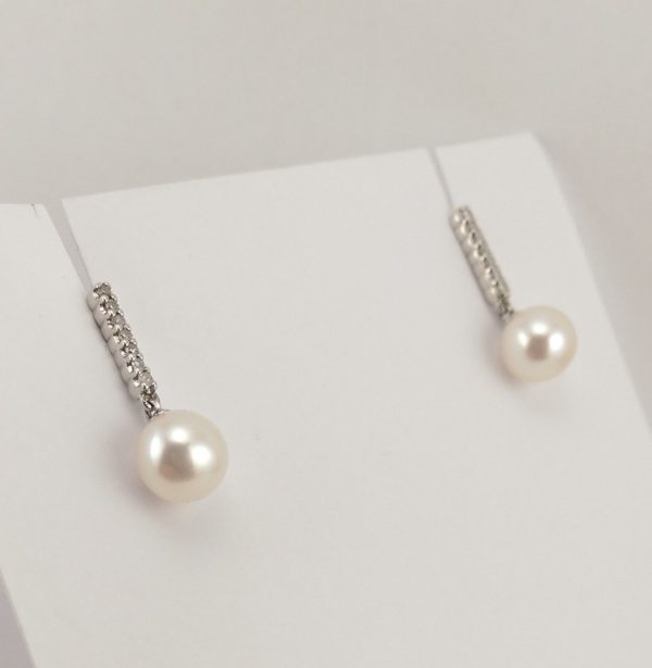9ct White Gold Diamond Bar and Freshwater Pearl Earrings -0