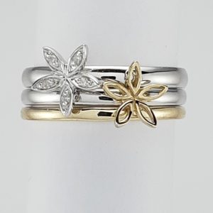 9ct Yellow and White Gold Diamond Flower Design Stacking Ring-0
