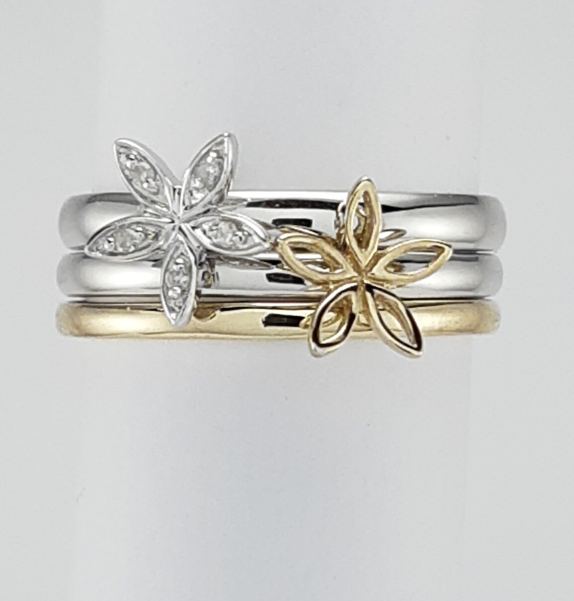 9ct Yellow and White Gold Diamond Flower Design Stacking Ring-0