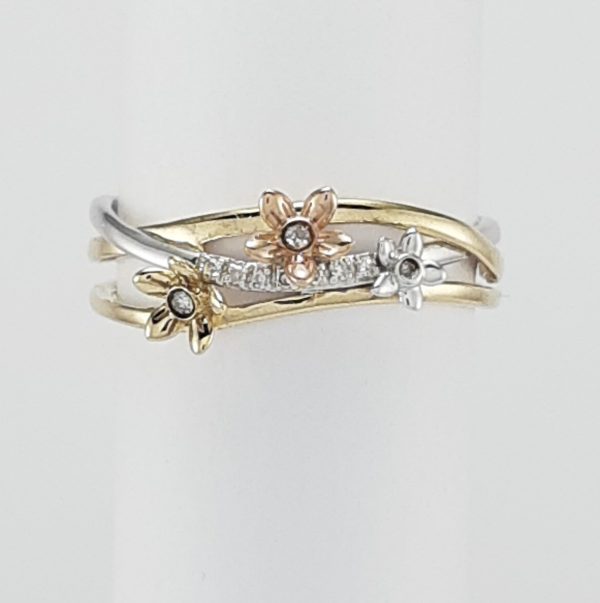 9ct Yellow White and Red Gold Diamond Entwined Flower Ring -1199