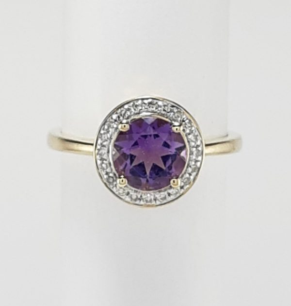 9ct Yellow Gold Amethyst and Diamond Cluster Ring-1187