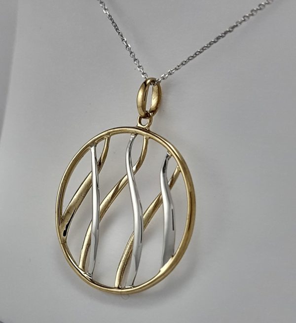 9ct Yellow and White Gold Circular Pendant on Trace Chain-1305