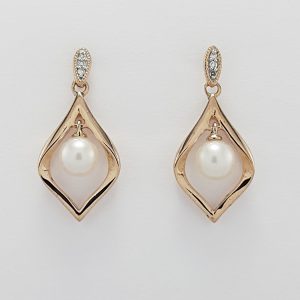 9ct Red Gold Freshwater Pearl and Diamond Drop style Earrings-0