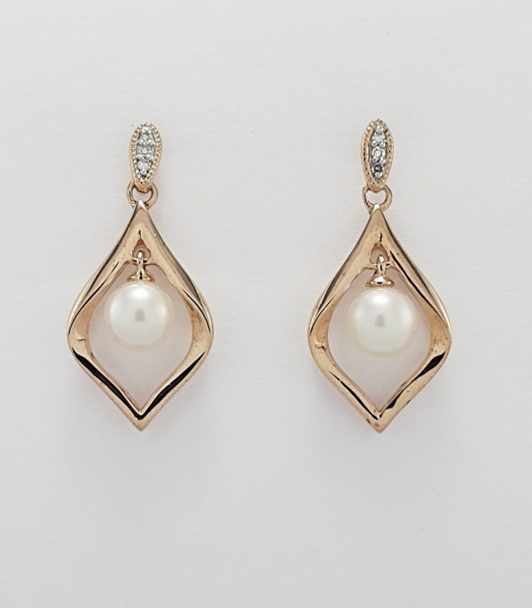 9ct Red Gold Freshwater Pearl and Diamond Drop style Earrings-0