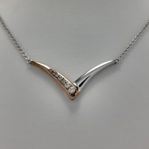 9ct Red and White Gold Diamond set V shaped Pendant on Chain-0