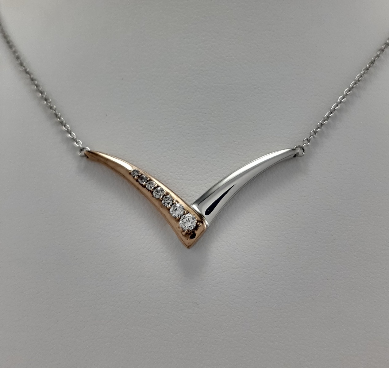 9ct Red and White Gold Diamond set V shaped Pendant on Chain-0