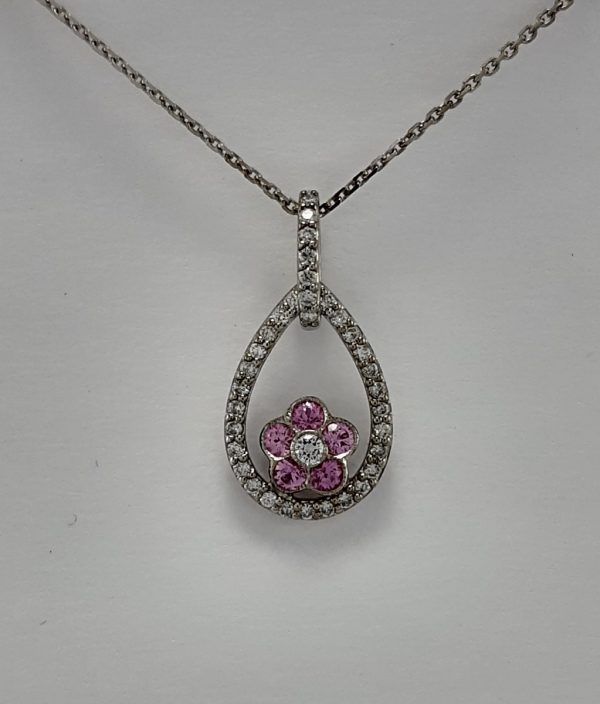 18ct White Gold Pink Sapphire and Diamond Pendant and Chain-1357