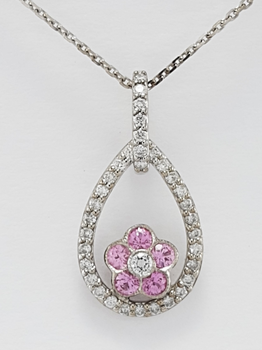 18ct White Gold Pink Sapphire and Diamond Pendant and Chain-0