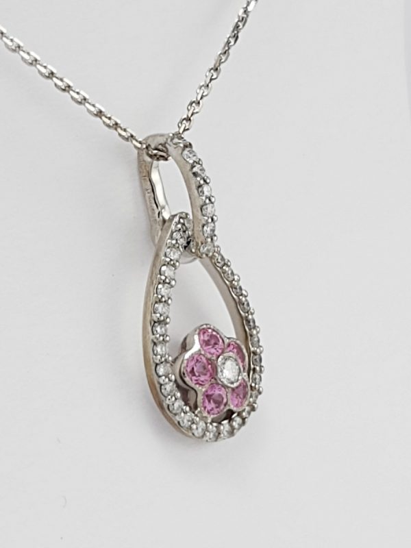 18ct White Gold Pink Sapphire and Diamond Pendant and Chain-1356
