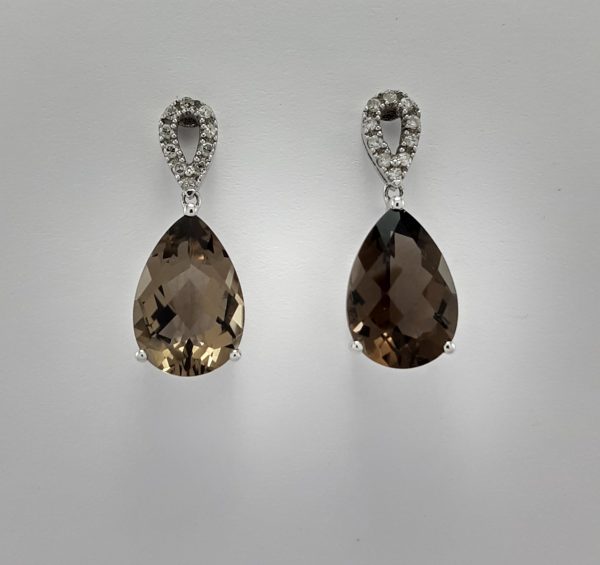 9ct White Gold Smoky Quartz and Diamond Drop Earrings-1419