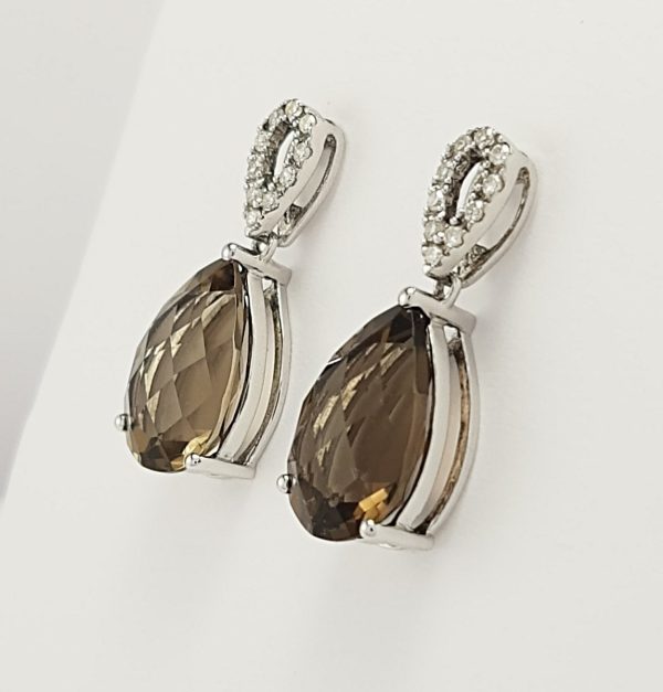 9ct White Gold Smoky Quartz and Diamond Drop Earrings-0