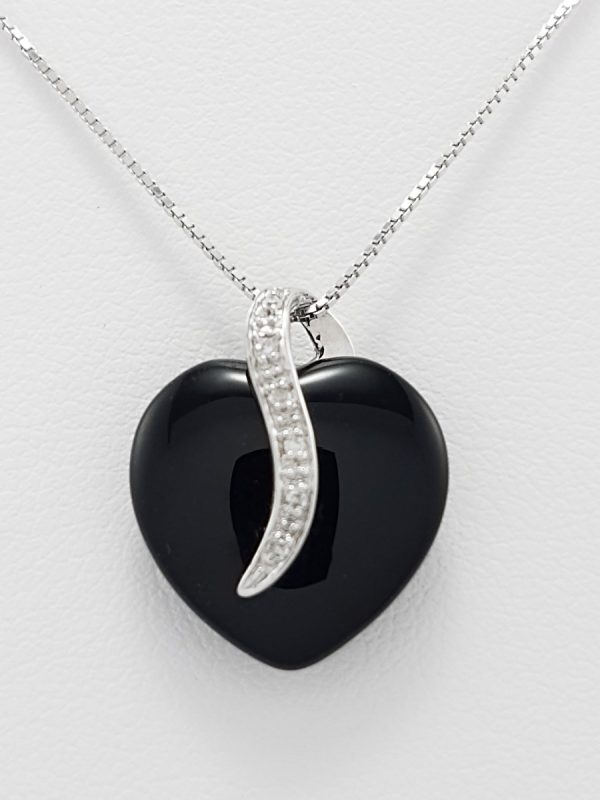 9ct White Gold Black Onyx and Diamond Heart Pendant and Chain-1389