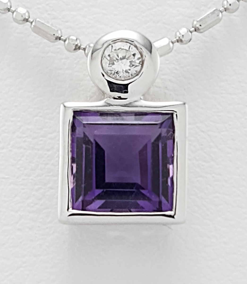 18ct White Gold Amethyst and Diamond Pendant on Chain-0